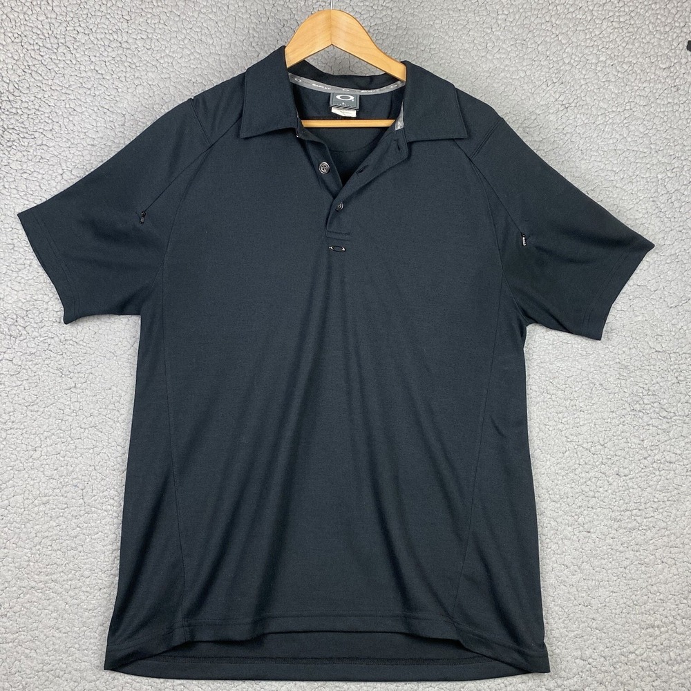 Oakley Polo Shirt Mens Size L Black Zip Shoulder Golf Performance Coolmax Preppy